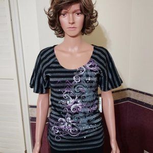 Bongo Black Wall Metallic Floral Design Flare Short Sleeve Top Size SJ NWT